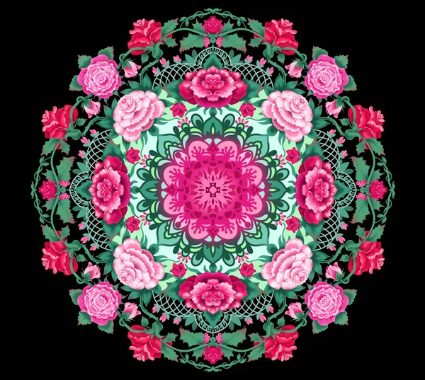 Mandala Floreale Raffigurante Rose Fiori Selvatici Sfondo Nero — Foto Stock