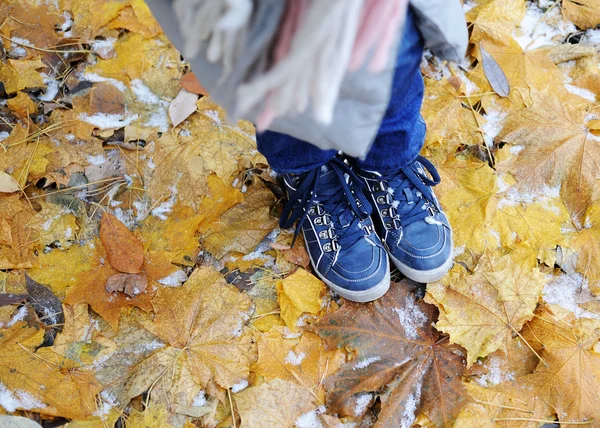 Dzieci niebieskie buty na liściach ze śniegu — Zdjęcie stockowe