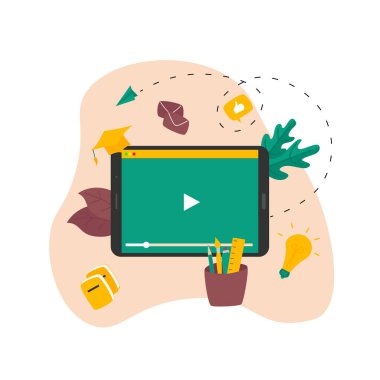 Evden tabletle online ders alan bir öğrenci. Çevrimiçi eğitim kavramı