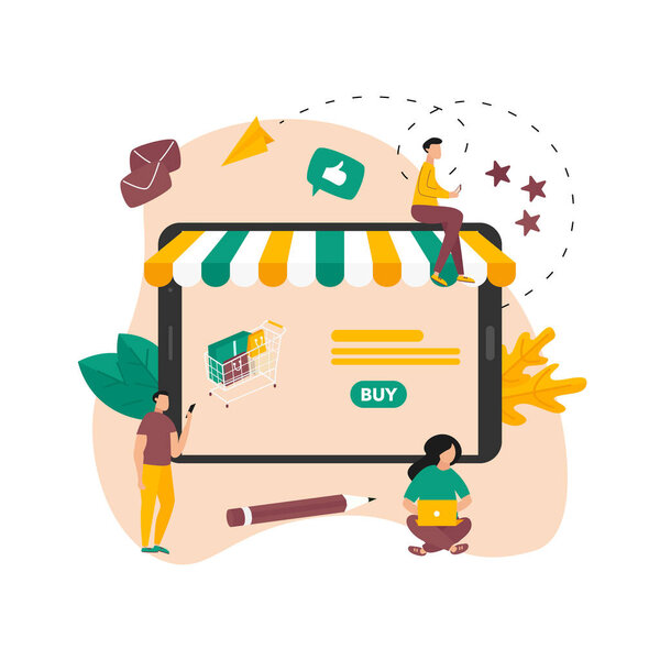 Концепция интернет-покупок, корзина покупок и маленькие люди, покупка интернет-магазина