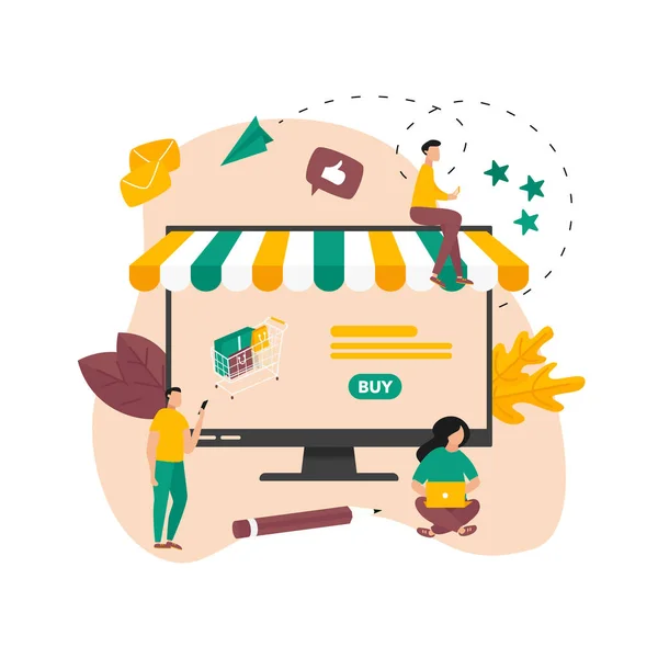 Çevrimiçi Alışveriş Kavramı Alışveriş Sepeti Küçük Insanlar Çevrimiçi Mağaza Satın — Stok Vektör