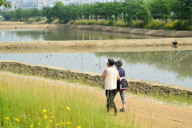 Kıdemli bir orman yolda sonbaharda koşu Çift