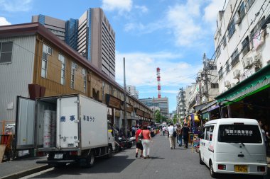 Tokyo, Tsukiji Japonya - 18 Ağustos 2015 - Tsukiji Balık pazarı olduğunu th