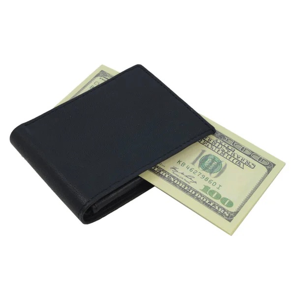 Una Billetera Negra Aislada Con Algunos Billetes Efectivo Repartidos Por —  Fotos de Stock