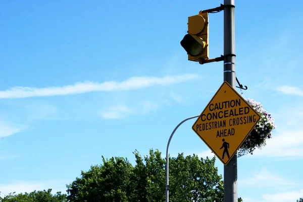 Sign Flashes Yellow Warning Light Notify Drivers Concealed Pedestrian Crossing — Stock Photo, Image