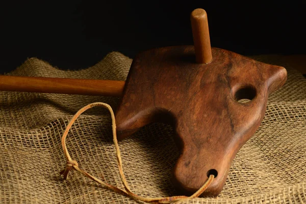 Closeup Antique Wooden Horse Toy Some Brown Burlap Fabric —  Fotos de Stock