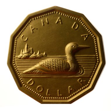 Loonie olarak bilinen Kanada Doları 'nın yasal ihalesinin beyaz arka plan makrosu üzerinde izole edilmiş..