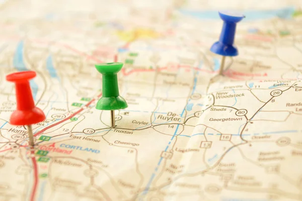 Line Pins Pressed Map Detailing Points Interest Route — Stock Photo, Image