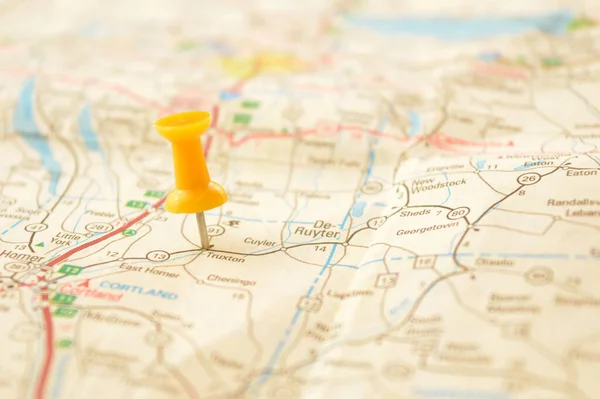 Yellow Pin Pressed Map Detailing Point Interest — Stock Photo, Image