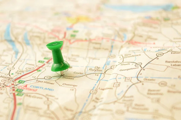 Green Pin Pressed Map Detailing Point Interest — Stock Photo, Image