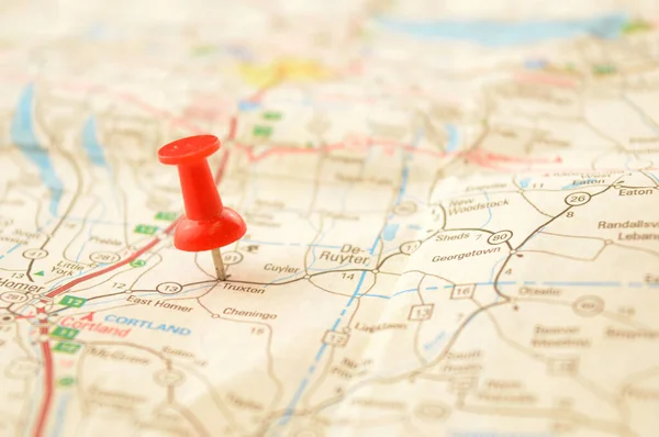 Red Pin Pressed Map Detailing Point Interest — Stock Photo, Image