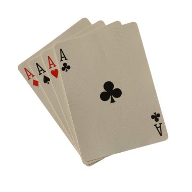 Dört astan oluşan bir poker elin beyaz arkaplanda izole edilmiş görüntüsü..