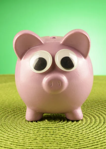 Piggy Bank Some Funny Googly Eyes Green Environment Surrounding — Stock Photo, Image