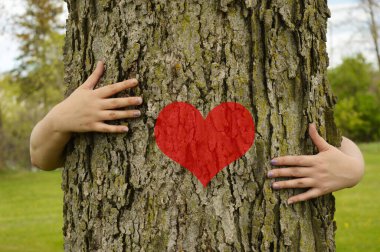 Çevreci fikirlerin betimlemesi için büyük bir ağaca sarılan birkaç insanın kavramsal görüntüsü..