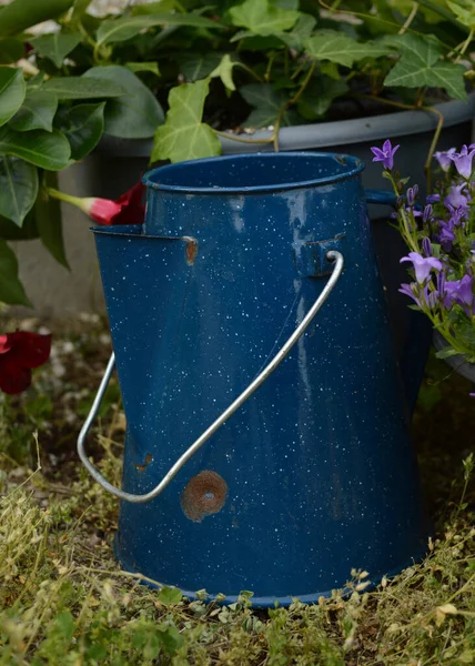 Modrý Tábornický Čajový Hrnec Vedle Květin Zahradě — Stock fotografie