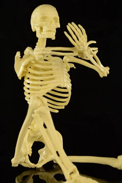 Esqueleto Humano Sentado Sobre Fundo Negro Escuro — Fotografia de Stock