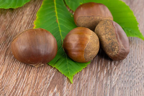 Kastanienbraun Auf Laubhintergrund Und Holzhintergrund Herbst — Stockfoto