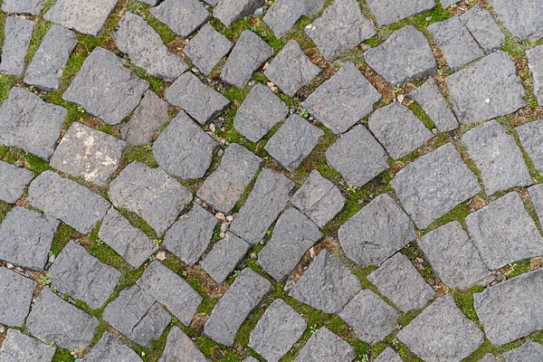 Steinhintergrund Aus Kopfsteinpflaster Und Moos Alter Platz Der Europäischen Stadt — Stockfoto