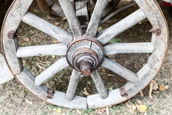 Roda Madeira Com Cubo Ferro Para Van Verticalmente Perto — Fotografia de Stock