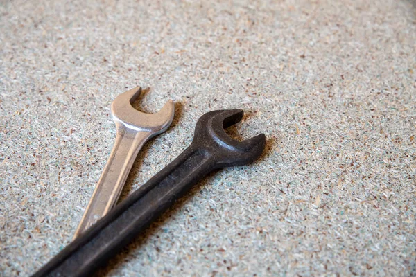 Pair Wrenches Dark Light Tools Wooden Background Close — Stock Photo, Image