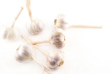 Beyaz yalıtılmış arka planda taze sarımsak. Tüm soğan.