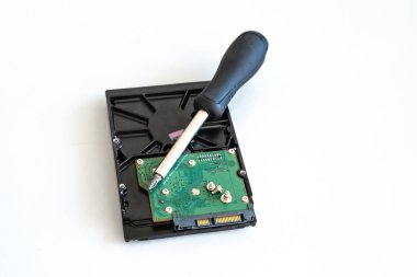 izole edilmiş arkaplan üzerinde hdd tahta arka planı üzerinde tornavida, bilgisayar onarımı