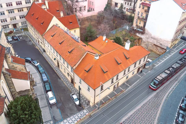 2019 Praga Czechy Krajobraz Centrum Miasta Widok Góry Skrzyżowanie Tramwajów — Zdjęcie stockowe