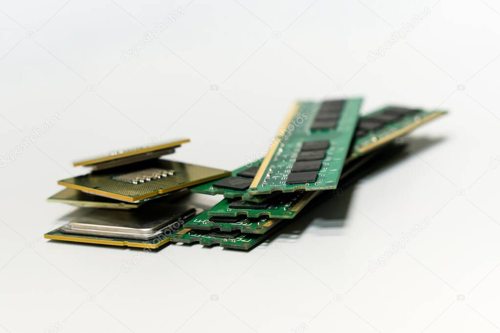 set CPU (central processing unit) and RAM, random access memory isolated on a white background