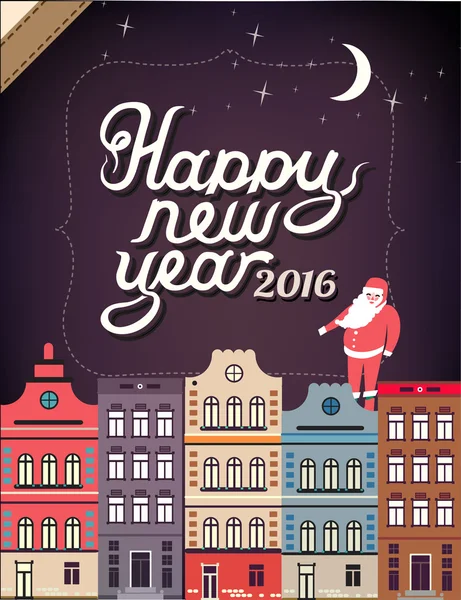 Feliz Año Nuevo en una ilustración de la ciudad. Vector — Archivo Imágenes Vectoriales