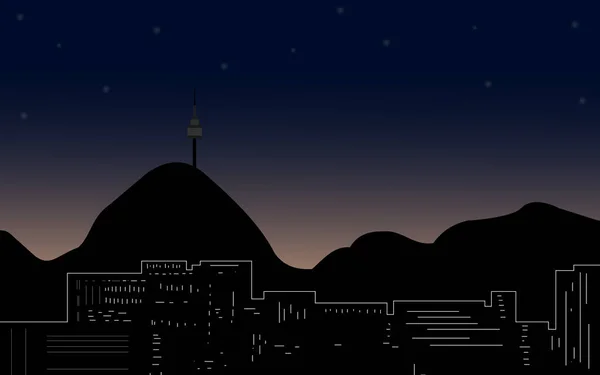 Vista Del Paisaje Corea Por Noche Con Símbolo Torre Única — Vector de stock