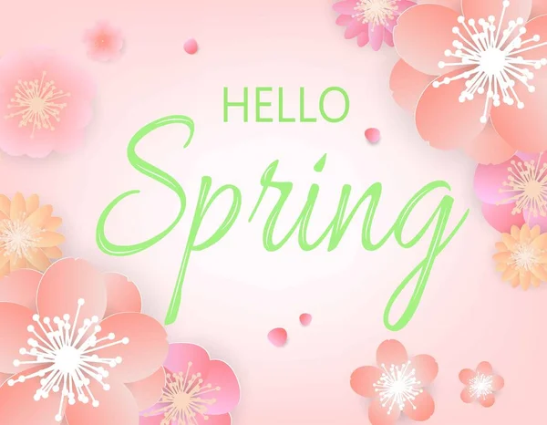 Hello Spring Text Vector Banner Greetings Design Colorful Flower Blooming — Stock Vector