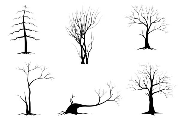 ブラックブランチツリーまたは裸の木のシルエットセット 手描き分離図 — ストックベクタ