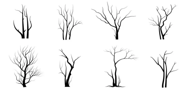 Black Branch Tree Oder Naked Trees Silhouetten Gesetzt Handgezeichnete Isolierte — Stockvektor