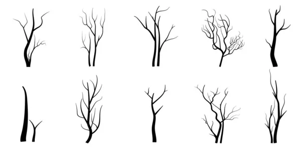 Black Branch Tree Oder Naked Trees Silhouetten Gesetzt Handgezeichnete Isolierte — Stockvektor