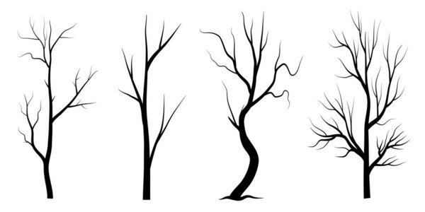 Black Branch Tree or Naked trees silhouettes set. Hand drawn isolated illustrations.