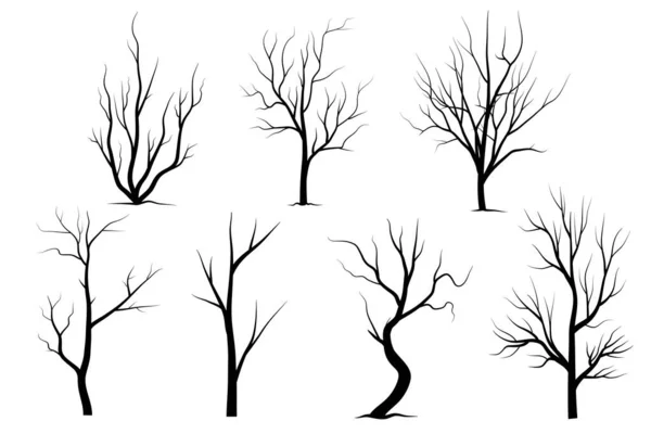 ブラックブランチツリーまたは裸の木のシルエットセット 手描き分離図 — ストックベクタ