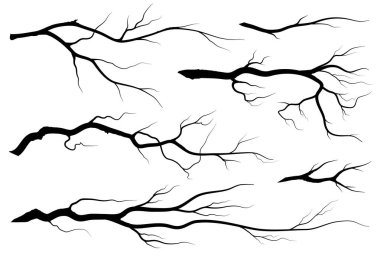 Kara Dal Ağacı ya da Çıplak Ağaç siluetleri. El çizimi izole çizimler.