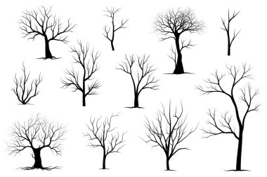 Kara Dal Ağacı ya da Çıplak Ağaç siluetleri. El çizimi izole çizimler.