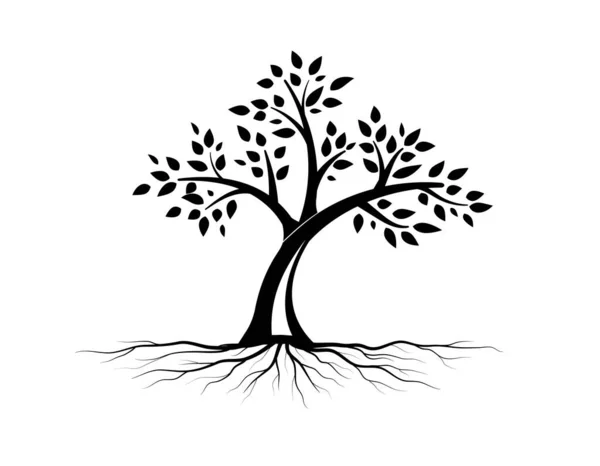 Yapraklı siyah ağaçlar ve kökler güzel ve ferahlatıcı görünüyor. Ağaç ve kökler LOGO biçimi.