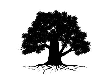 Yapraklı siyah ağaçlar ve kökler güzel ve ferahlatıcı görünüyor. Ağaç ve kökler LOGO biçimi.