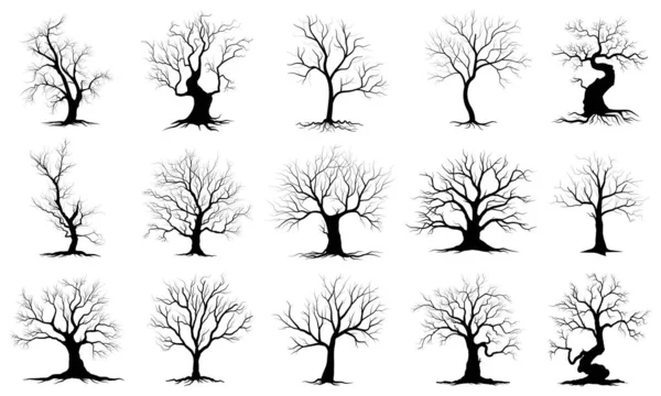 Big Collection Black Tree Naked Trees Silhouettes Vector Hand Drawn — Stock Vector