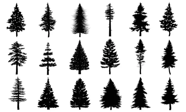 Grote Collectie Van Zwarte Pijnbomen Silhouetten Vector Icoon Kan Worden — Stockvector