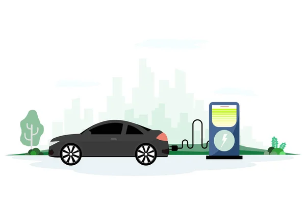 Elektroautos Laden Ihre Batterie Mit Natürlicher Landschaft Konzeptillustration Für Grüne — Stockvektor