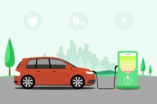 电动汽车为其电池充电的自然景观 绿色环境的概念说明 可持续性 清洁空气 技术的未来 矢量平面设计风格 — 图库矢量图片