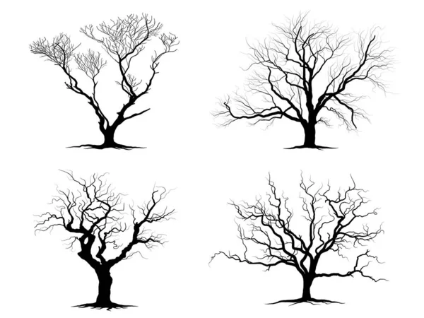 ブラックブランチツリーや裸の木や根のシルエットを設定します 手描き分離図 — ストックベクタ
