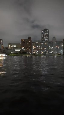 Tokyo Sumida Nehri dikey video gece görüntüsü 2024