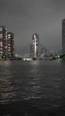 Tokyo Sumida Nehri dikey video gece görüntüsü 2024