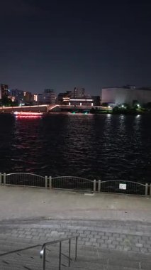 Tokyo Sumida Nehri dikey video gece görüntüsü 2024