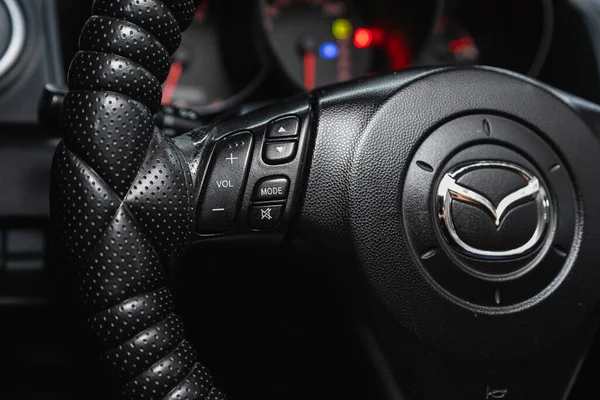 Novosibirsk Russia October 2020 Mazda Modern Black Steering Wheel Multifunction — Stock Photo, Image