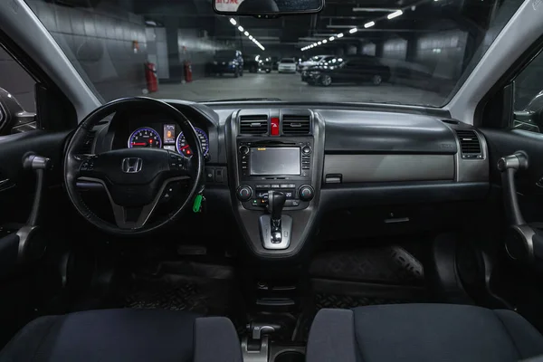 Novosibirsk Rússia Outubro 2020 Honda Carro Escuro Interior Volante Alavanca — Fotografia de Stock